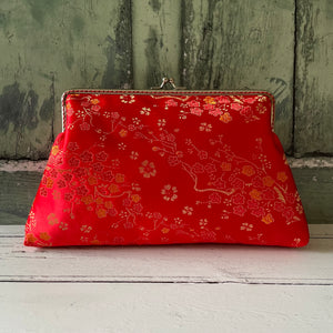Red Gold Blossom Floral Brocade 8 Inch Silver Clasp Purse Frame Clutch Bag