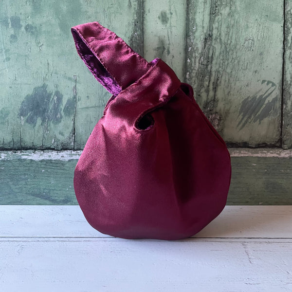 Aubergine Plum Reversible Crushed Velvet Satin Japanese Wristlet Knot Clutch Bag