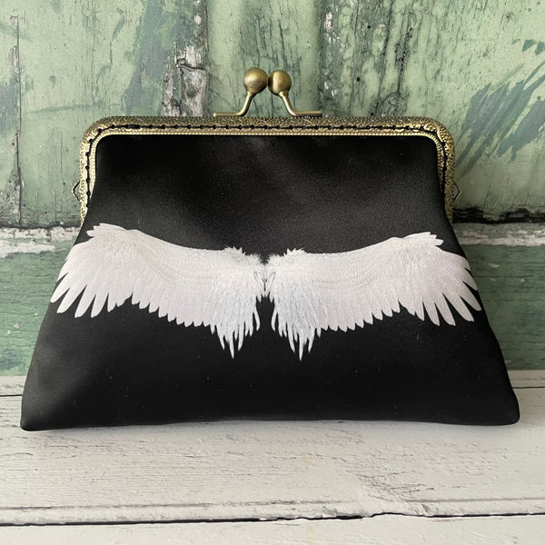 Black and White Angel Wings Satin 5.5 Inch Clasp Purse Frame Clutch Bag