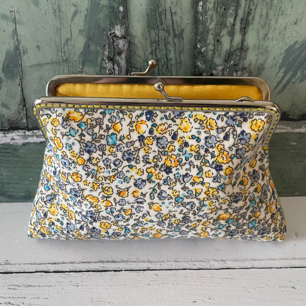 Yellow Roses Blue Forget Me Nots Floral Cotton 5.5 Inch Silver Clasp Purse Frame Clutch Bag