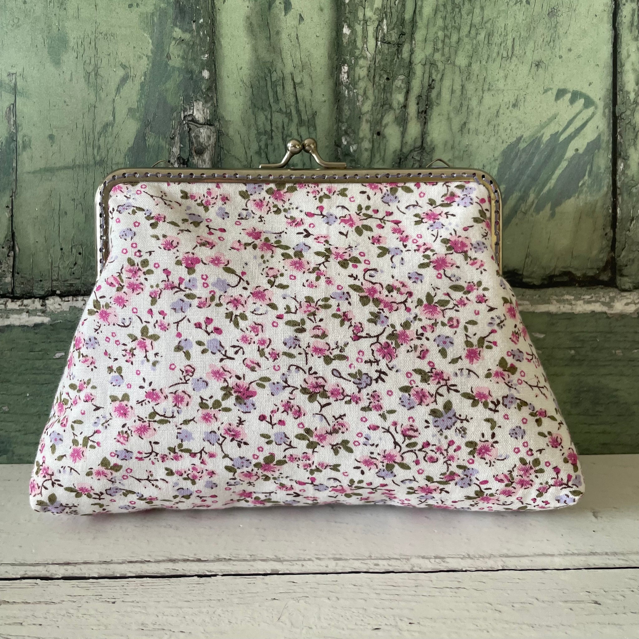 White Pink Pansies Forget Me Nots Floral Cotton 5.5 Inch Silver Clasp Purse Frame Clutch Bag