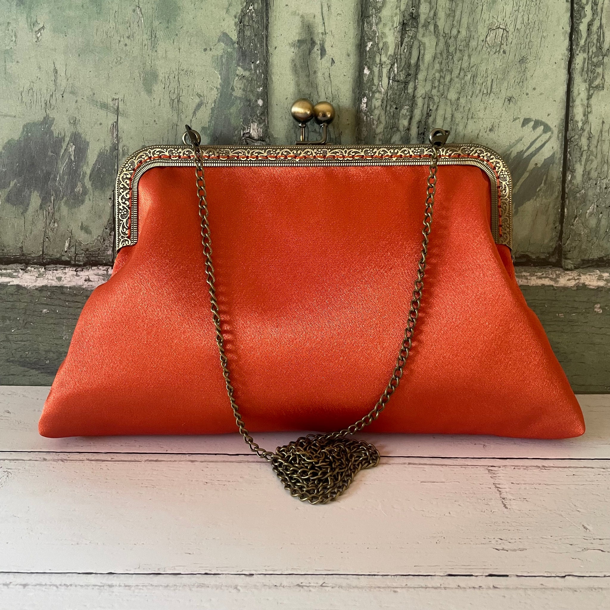 Dark Orange Satin 8 Inch Bronze Clasp Purse Frame Clutch Bag