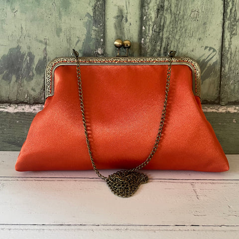 Dark Orange Satin 8 Inch Bronze Clasp Purse Frame Clutch Bag