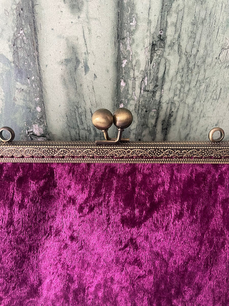 Aubergine Plum Crushed Velvet 8 Inch Bronze Clasp Purse Frame Clutch Bag