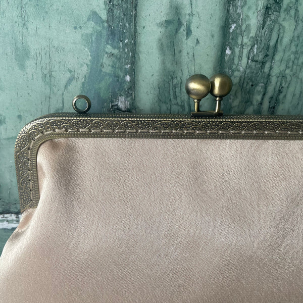 Champagne Satin 8 Inch Bronze Clasp Purse Frame Clutch Bag