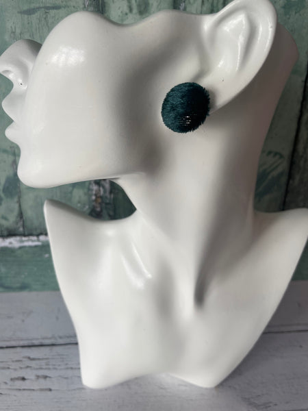 Dark Green Crushed Velvet Fabric Button Stainless Steel Stud Earrings