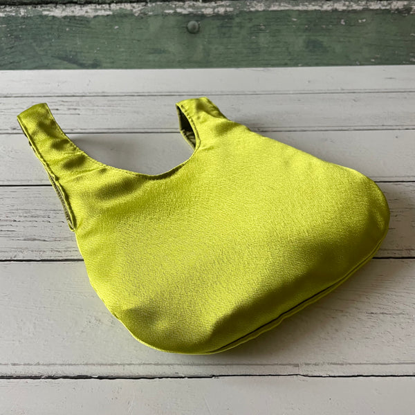 Lime Green Olive Green Reversible Crushed Velvet Satin Japanese Wristlet Knot Clutch Bag