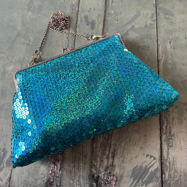 Turquoise Sequin 8 Inch Silver Clasp Purse Frame Clutch Bag