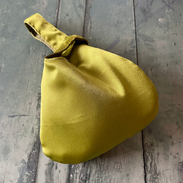 Lime Green Olive Green Reversible Crushed Velvet Satin Japanese Wristlet Knot Clutch Bag