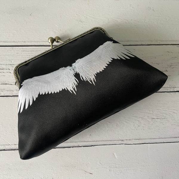 Black and White Angel Wings Satin 5.5 Inch Clasp Purse Frame Clutch Bag