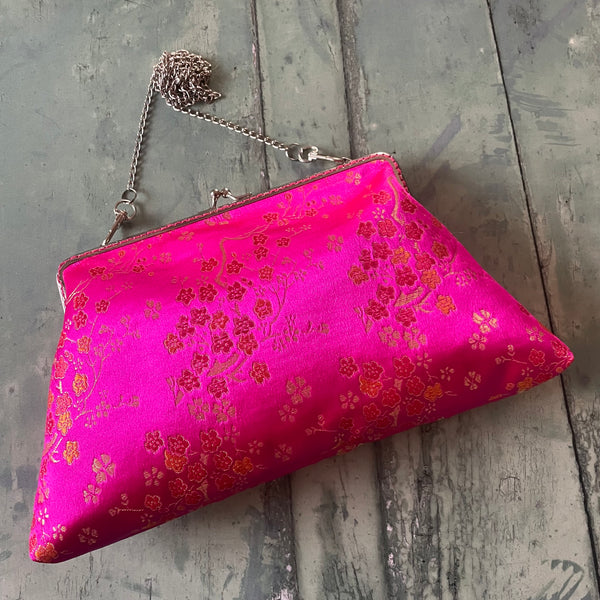 Pink Gold Blossom Floral Brocade 8 Inch Silver Clasp Purse Frame Clutch Bag