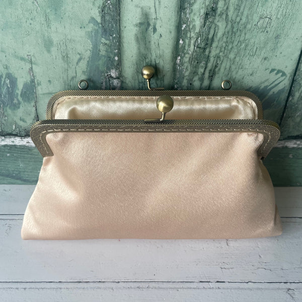 Champagne Satin 8 Inch Bronze Clasp Purse Frame Clutch Bag