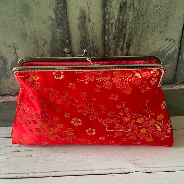 Red Gold Blossom Floral Brocade 8 Inch Silver Clasp Purse Frame Clutch Bag