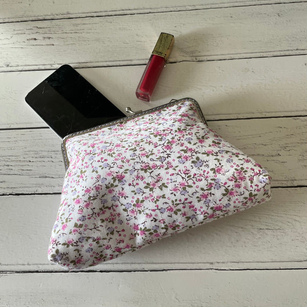 White Pink Pansies Forget Me Nots Floral Cotton 5.5 Inch Silver Clasp Purse Frame Clutch Bag