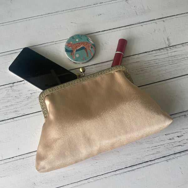 Champagne Satin 8 Inch Bronze Clasp Purse Frame Clutch Bag