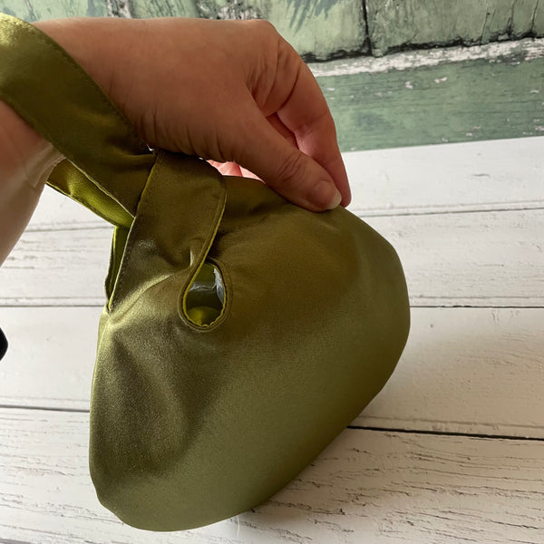 Olive Green Lime Green Reversible Crushed Velvet Satin Japanese Wristlet Knot Clutch Bag