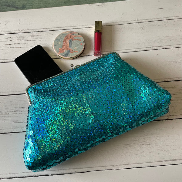 Turquoise Sequin 8 Inch Silver Clasp Purse Frame Clutch Bag