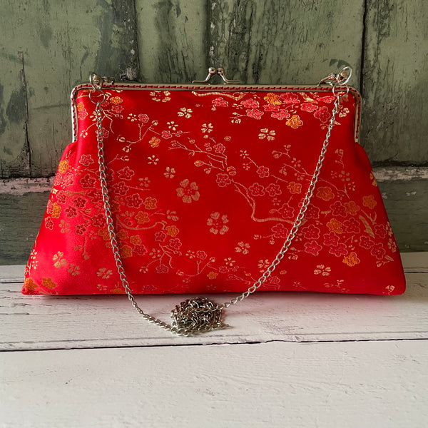 Red Gold Blossom Floral Brocade 8 Inch Silver Clasp Purse Frame Clutch Bag