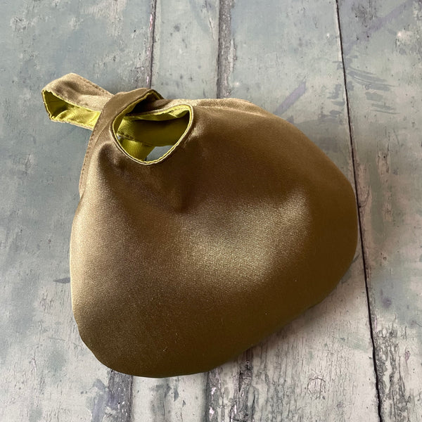 Olive Green Lime Green Reversible Crushed Velvet Satin Japanese Wristlet Knot Clutch Bag