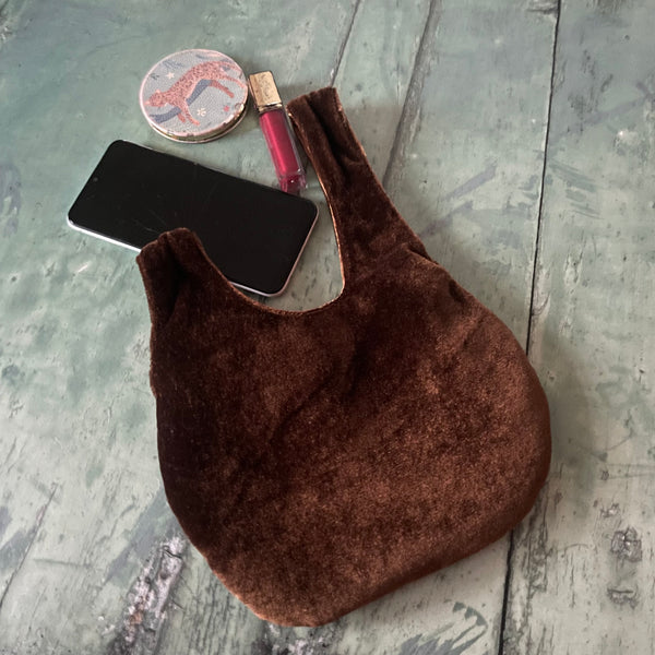 Brown Reversible Velvet Satin Japanese Wristlet Knot Clutch Bag