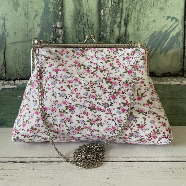 White Pink Pansies Forget Me Nots Floral Cotton 5.5 Inch Silver Clasp Purse Frame Clutch Bag