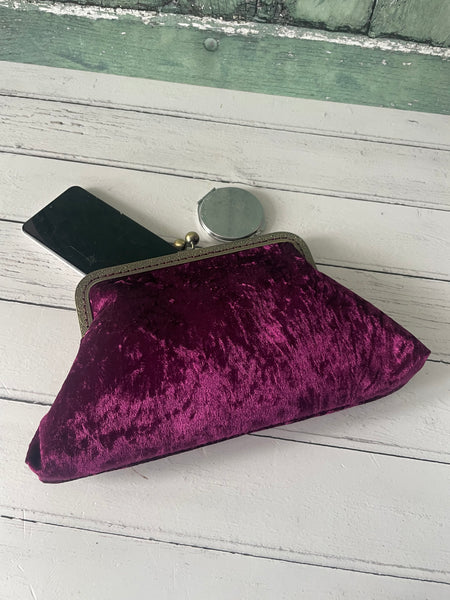 Aubergine Plum Crushed Velvet 8 Inch Bronze Clasp Purse Frame Clutch Bag
