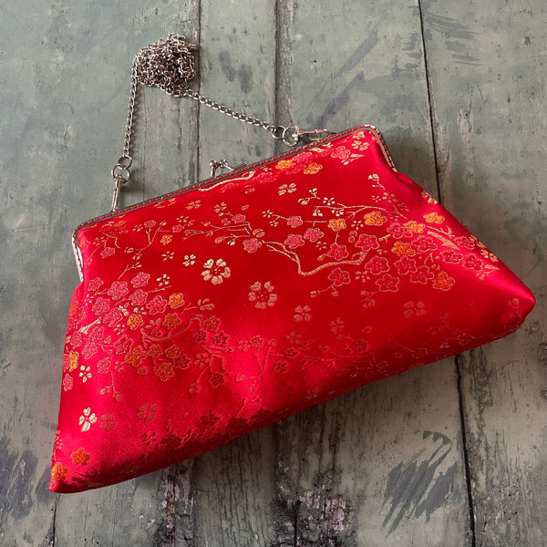 Red Gold Blossom Floral Brocade 8 Inch Silver Clasp Purse Frame Clutch Bag