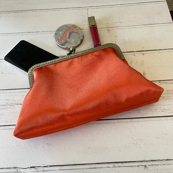 Dark Orange Satin 8 Inch Bronze Clasp Purse Frame Clutch Bag