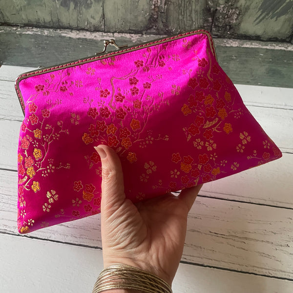 Pink Gold Blossom Floral Brocade 8 Inch Silver Clasp Purse Frame Clutch Bag