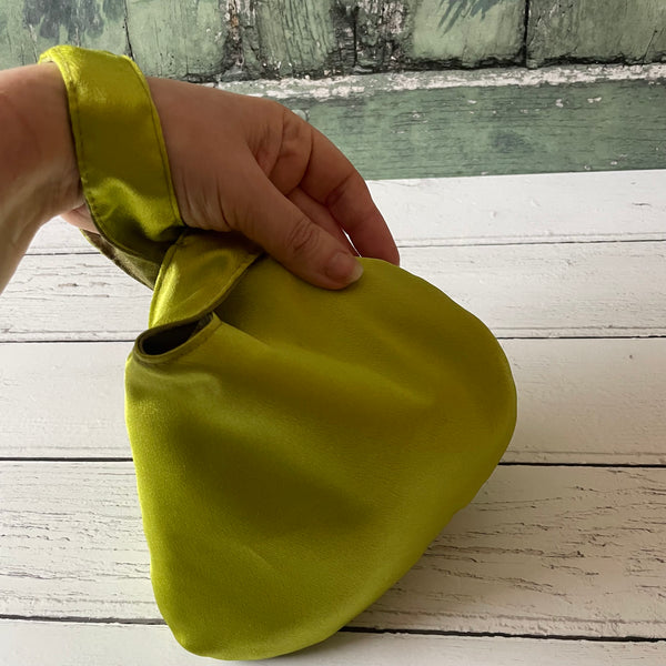 Lime Green Olive Green Reversible Crushed Velvet Satin Japanese Wristlet Knot Clutch Bag