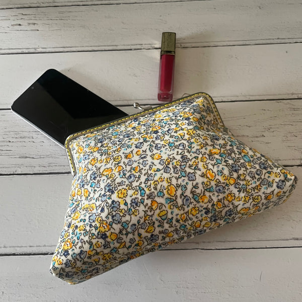 Yellow Roses Blue Forget Me Nots Floral Cotton 5.5 Inch Silver Clasp Purse Frame Clutch Bag