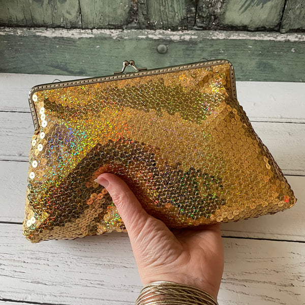 Gold Holographic Sequin 8 Inch Silver Clasp Purse Frame Clutch Bag