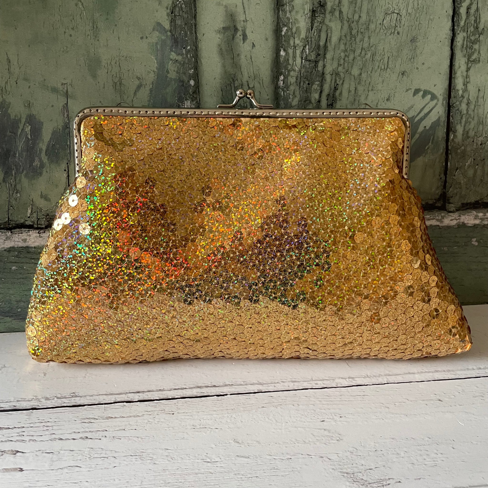 Gold Holographic Sequin 8 Inch Silver Clasp Purse Frame Clutch Bag