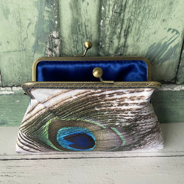 Peacock Feather Eye Satin 5.5 Inch Clasp Purse Frame Clutch Bag