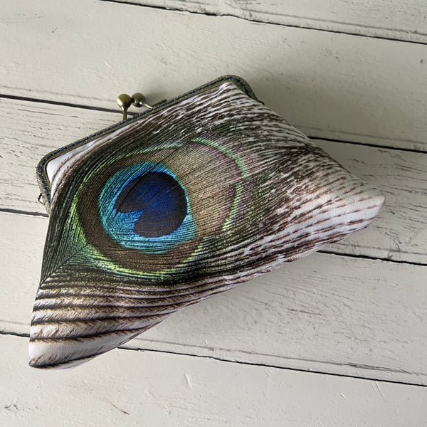 Peacock Feather Eye Satin 5.5 Inch Clasp Purse Frame Clutch Bag