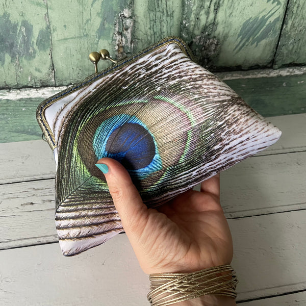 Peacock Feather Eye Satin 5.5 Inch Clasp Purse Frame Clutch Bag