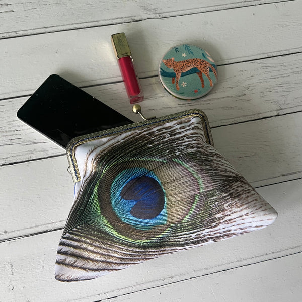 Peacock Feather Eye Satin 5.5 Inch Clasp Purse Frame Clutch Bag