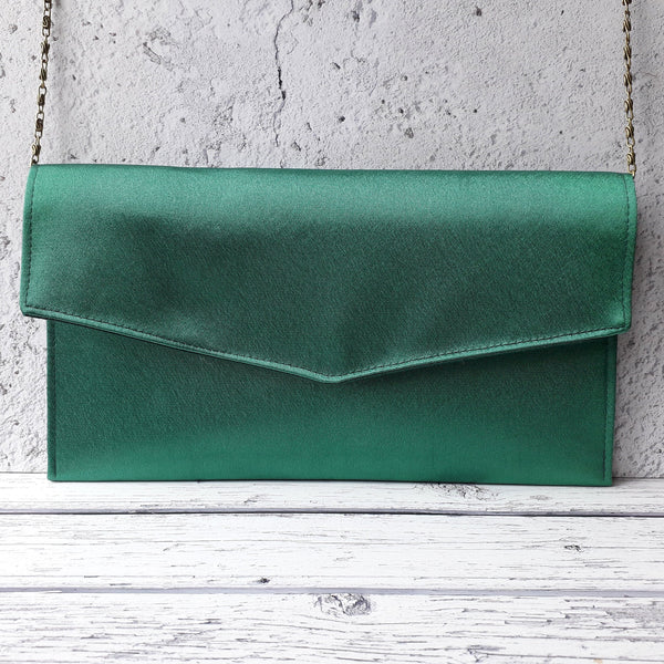 Emerald Green Fold Over Envelope Satin Clutch Bag