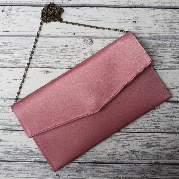Antique Dusty Pink Fold Over Envelope Satin Clutch Bag