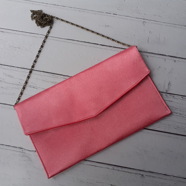 Coral Pink Fold Over Envelope Satin Clutch Bag