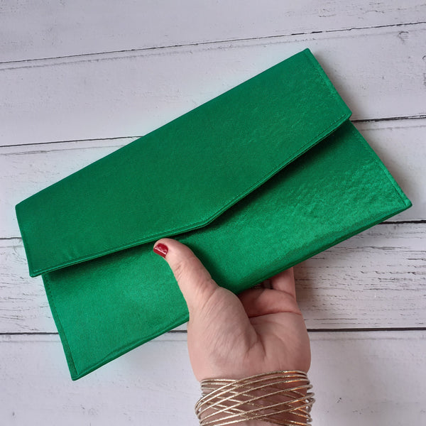 Bright Green Fold Over Envelope Satin Clutch Bag