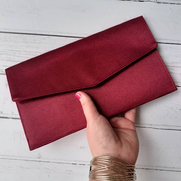 Wine Red Satin Fold Over Envelope Clutch Bag