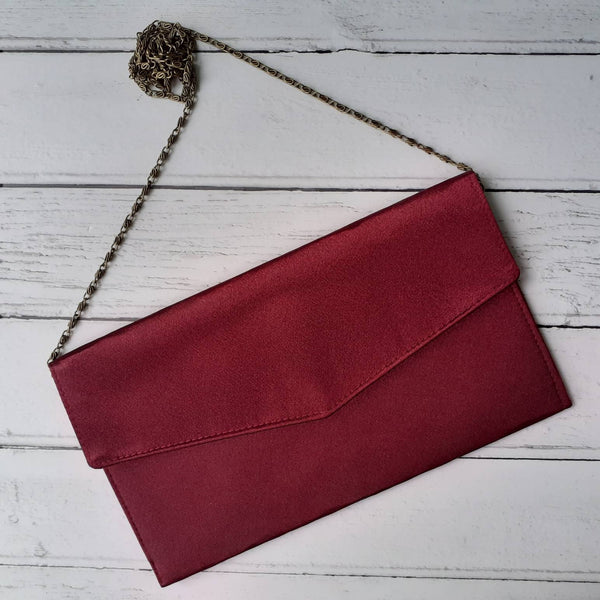 Wine Red Satin Fold Over Envelope Clutch Bag