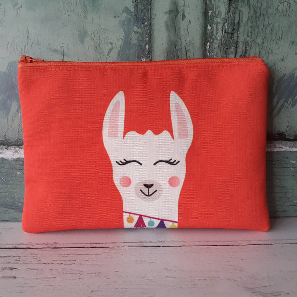 Handmade Orange and White Llama Canvas Larger Zipper Pouch