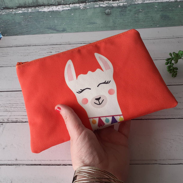 Handmade Orange and White Llama Canvas Larger Zipper Pouch