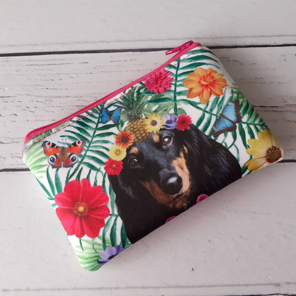 Handmade Tropical Black Dachshund Dog Floral Satin Coin Zipper Purse Pouch