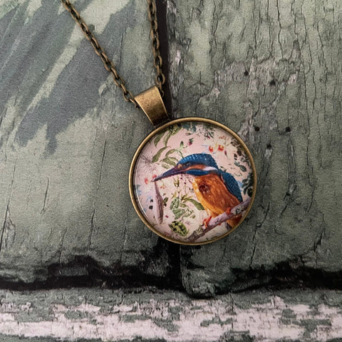 Blue Fishing Kingfisher Bird Tropical Floral Print Glass Cabochon Pendant Necklace