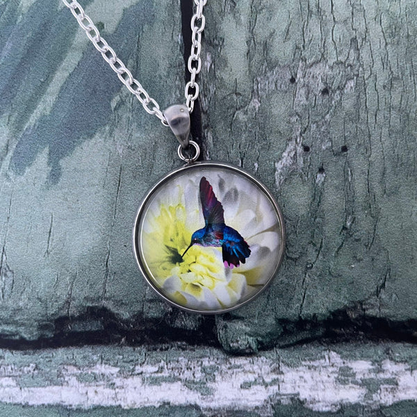 Blue Hummingbird and White Chrysanthemum Floral Print Glass Cabochon Pendant Necklace