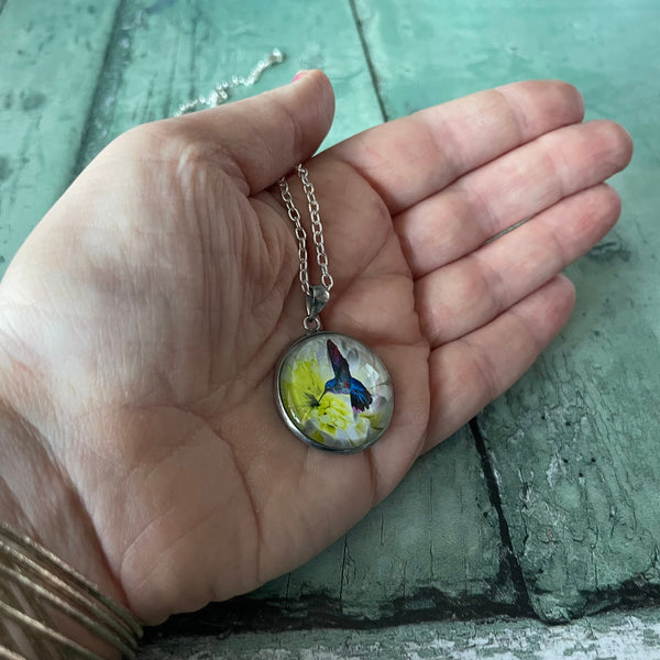Blue Hummingbird and White Chrysanthemum Floral Print Glass Cabochon Pendant Necklace