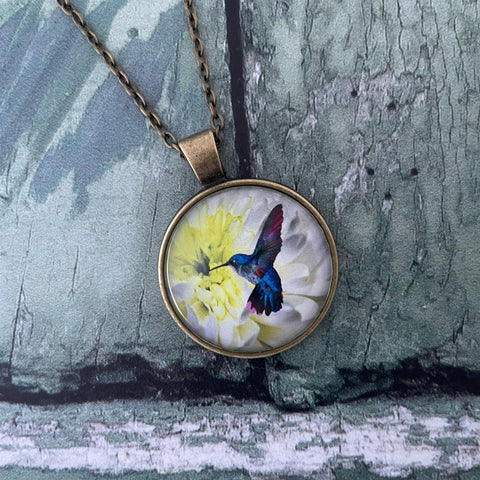 Blue Hummingbird and White Chrysanthemum Floral Print Glass Cabochon Pendant Necklace